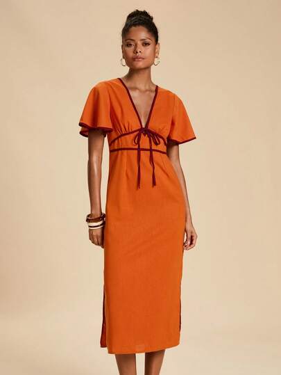 Travachic Women's Tie-Up Contrast Color Elegant Side Slit Dress