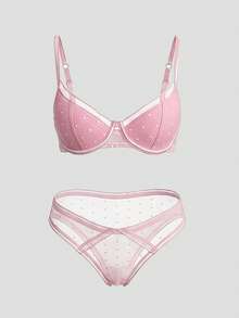 DAZY 2pcs Polka Dot Lace Patchwork Adjustable Spaghetti Strap Lightly Padded Bra And Sheer Panty Set - Baby Pink - View 3