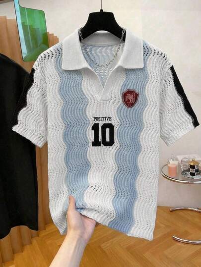 Manfinity Homme 男士 Polo 领波浪条纹撞色拼接短袖 Polo 衫，春夏款