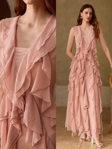 MOTF PREMIUM VESTIDO ELEGANTE DE MUJER CON VOLANTES LARGOS EN EL BAJO, PRIMAVERA/VERANO - Rosa - Ver 8