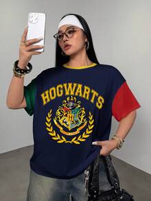 HARRY POTTER X SHEIN 大码女式字母印花圆领短袖休闲T恤， - 白色 - 查看 4