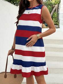 SHEIN Maternity Summer Casual Vacation Daily Commute Contrast Color Striped Print Sleeveless Ruffle Hem Dress - Red and White - View 5
