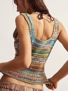Bohemela Ombre Fitted Front Button Sleeveless Hollow Out Knit Top - Blue - View 7