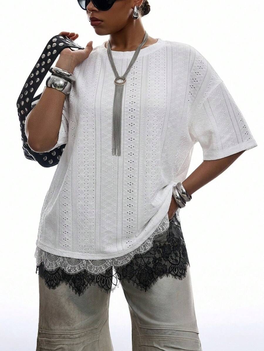 SHEIN EZwear 大码女式白色休闲夏季百搭网眼圆领落肩T恤 - 白色 - 查看 1