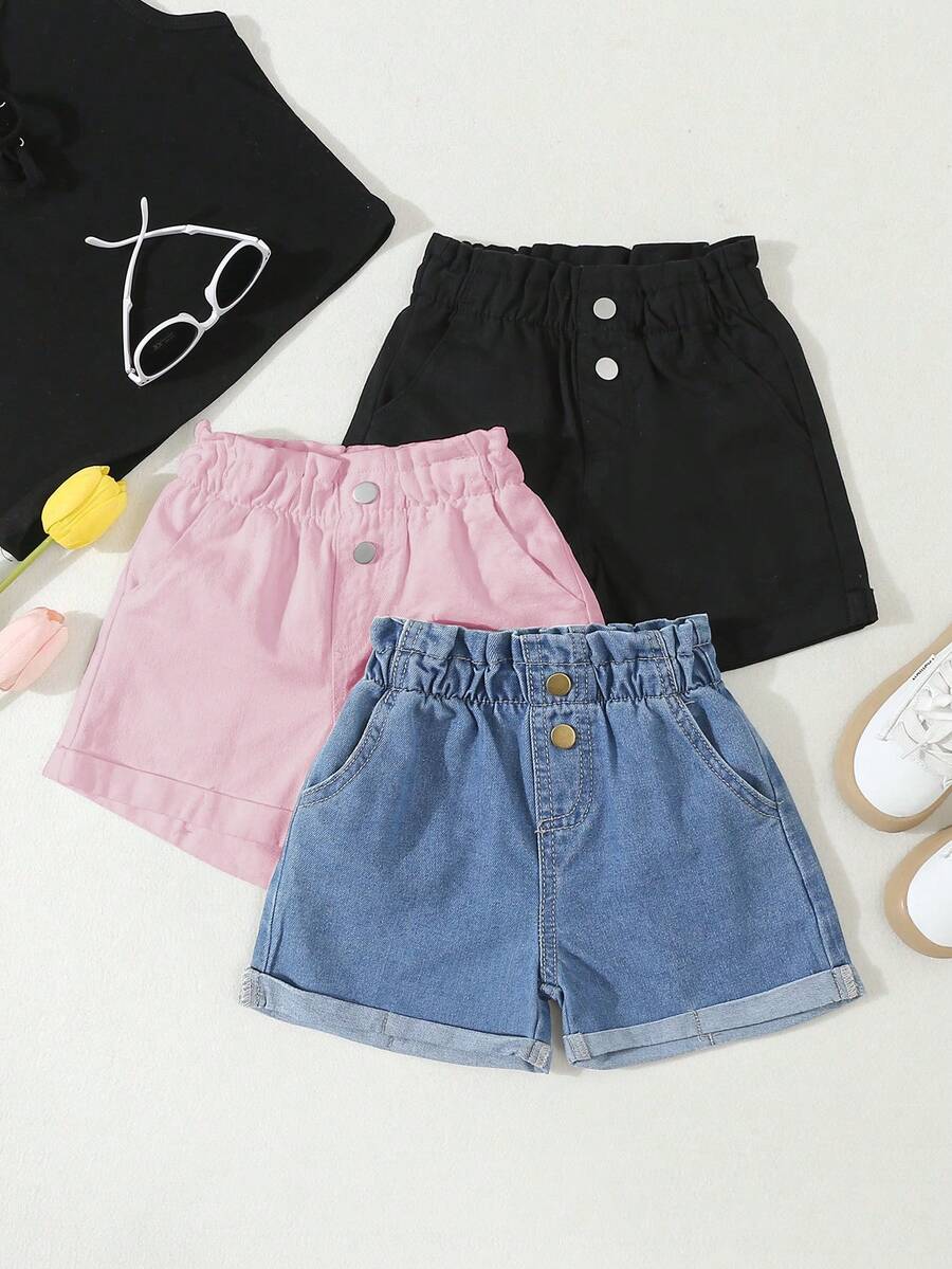 SHEIN Playful Pals 3条装女童A字牛仔短裤,夏季新款休闲时尚简约百搭褶皱腰带松紧腰带双扣设计,柔软棉质面料,牛仔蓝、粉色、黑色水洗,适合度假、音乐节、学校、派对等场合。 - 彩色 - 查看 1