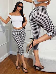 SHEIN PETITE Women's Plaid Knit 5-Inch Elastic Leggings - Black - View 7