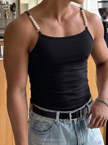 Manfinity Dauomo 男士仿珍珠性感时尚吊带背心 - 黑色 - 查看 3