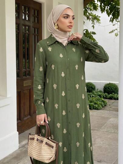 Solavon Women's Floral Print Long Sleeve Single-Breasted Casual Long Abaya Dress Modest