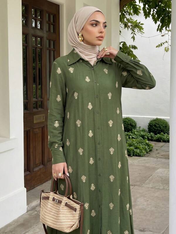 Solavon Women's Floral Print Long Sleeve Single-Breasted Casual Long Abaya Dress Modest