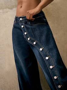 Denimoi Button Detail Wide Leg Barrel Jeans Fashionable Streetwear Statement Jeans Boyfriend Jeans - Dark Wash - View 3