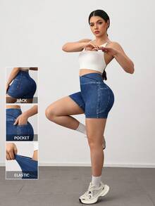 Activina Shorts de mezclilla con cintura cruzada y elástica para mujer, atuendos casuales de verano de estilo urbano. Shorts de mezclilla casuales ajustados con cintura asimétrica para mujer. - Azul lavado oscuro - Ver 2