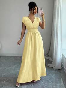 Qadelle Vestido de mujer de longitud media, sin mangas, con cuello en V, de tela texturizada, cintura ceñida, elegante ropa de resort, primavera/verano - Celeste - Ver 11