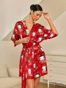Betty Boop x SHEIN 女士卡通可爱系带睡袍 - - 紅色 - 查看 5