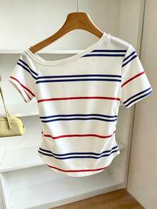 Resyla Plus Size Women Striped Round Neck Short Sleeve Casual Versatile T-Shirt - Multicolor - View 2