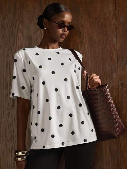 COSMINA Women's Elegant Round Neck Polka Dot Short Sleeve T-Shirt, Suitable For Commuting, Office, Outing, Dating, Casual Summer Wear
