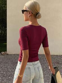 DAZY Women's Summer Square Neck Fitted Ribbed Casual Short Sleeve T-Shirt - Burgundy - View 5