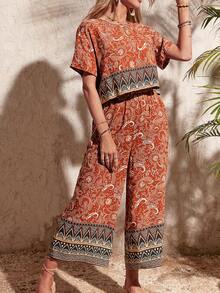 SHEIN VCAY Paisley Print Blouse & Wide Leg Pants - Multicolor - View 5