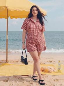 Solavibe Plus Size Women Plaid Short Sleeve Ruffle Hem Shirt Romper Vacation Summer 1950s Vintage - Red - View 3