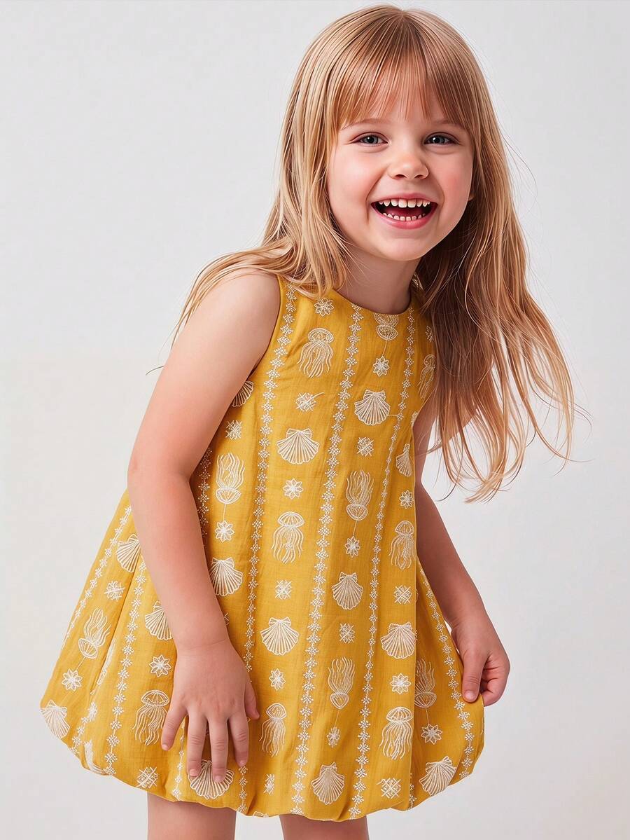 Maija Kids Maija Kids 一件儿童/少女优雅度假简约休闲时尚日常百搭黄色贝壳水母刺绣无袖荷叶边连衣裙,适合日常穿着、聚会、海滩旅行、度假、春夏季节。 - 黃色 - 查看 1