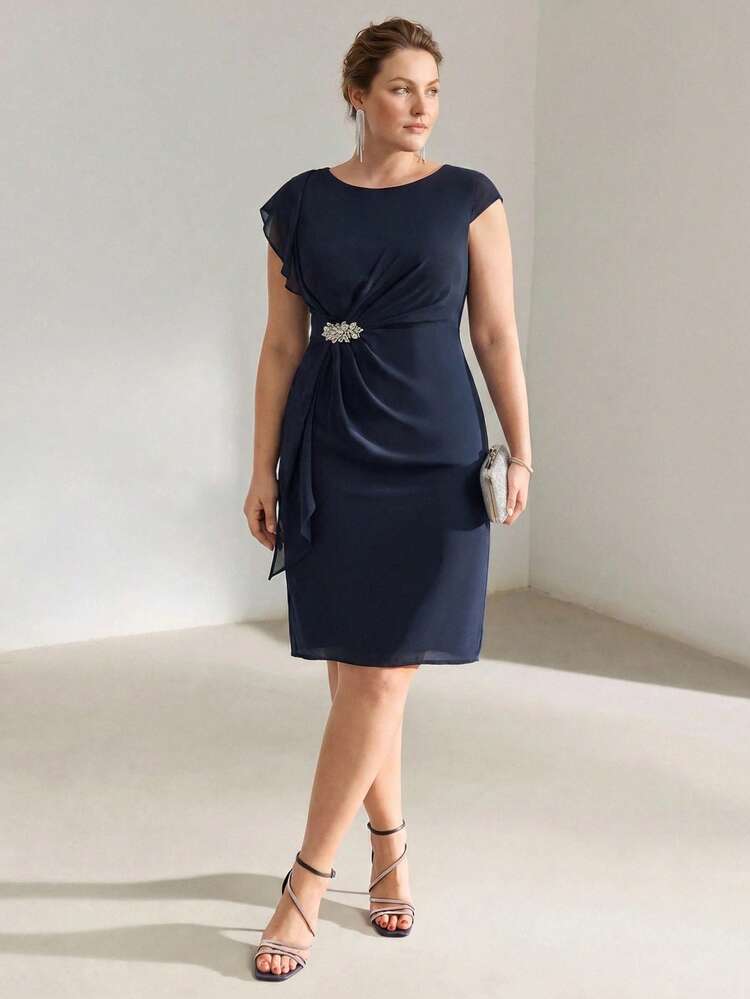 PLUS SIZE WOMEN ELEGANT EXQUISITE GLAMOROUS RHINESTONE DECOR WAIST CINCHED DRESS