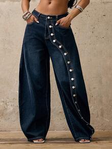 Denimoi Button Detail Wide Leg Barrel Jeans Fashionable Streetwear Statement Jeans Boyfriend Jeans - Dark Wash - View 5