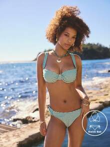 Aralina Set da bagno da donna estivo da resort 2 pezzi con stampa a pois e griglia, slip bikini a vita alta imbottito con arricciature morbide, stile da vacanza al mare e piscina - Verde - Visualizzare 10