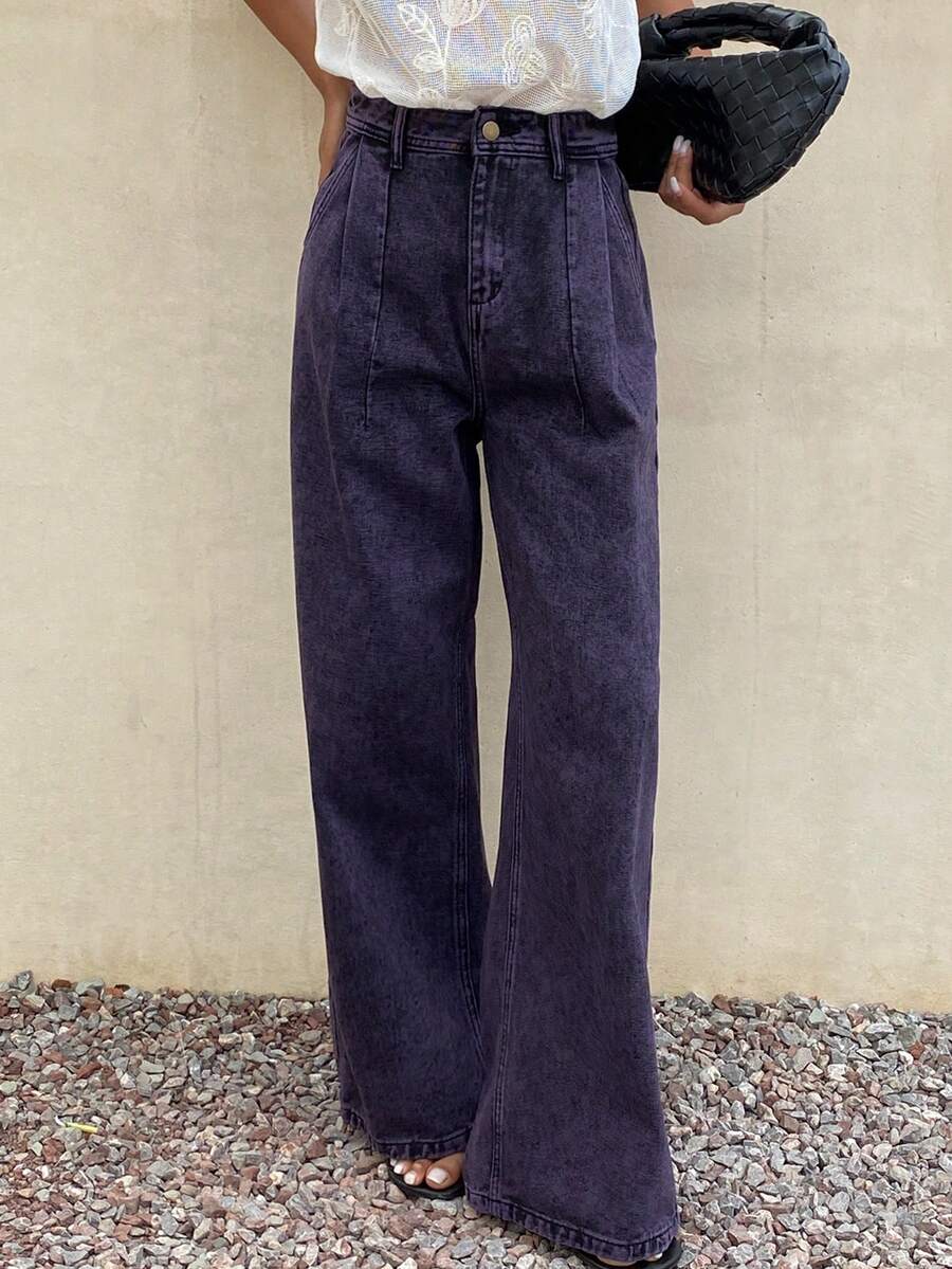 Livesso Quần jeans ống đứng xếp ly thoải mái hàng ngày dành cho nữ - Màu tím - Xem 1