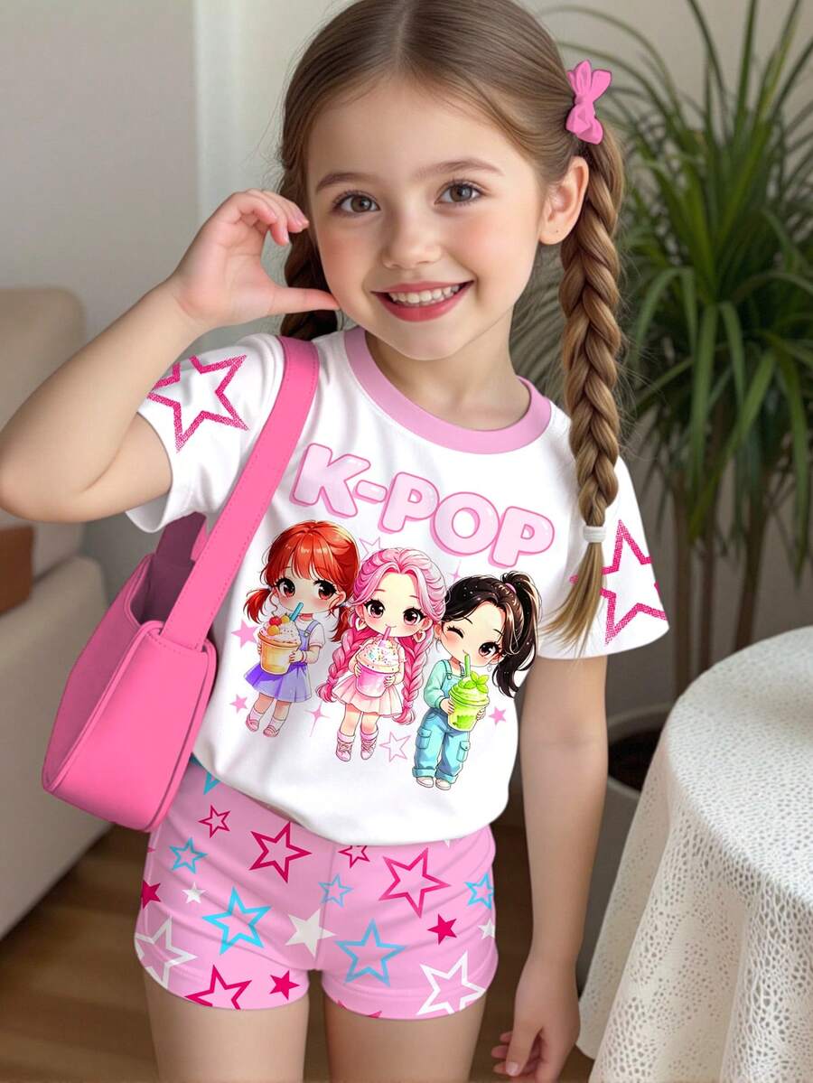 Young Girl Cartoon Letter Print Round Neck Short Sleeve T-Shirt And Shorts Casual Daily Outfit - Multicolor - View 1