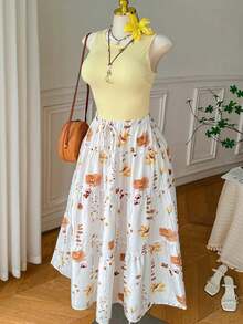 Comfortcana Plus Size Women Casual Solid Color Tank Top And Floral Print Elegant Skirt 2 Piece Set - Pale Yellow - View 2
