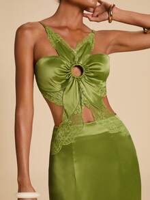 Travachic Women's Lace Patchwork Hollow-Out Satin Sexy Dress - Green - View 6