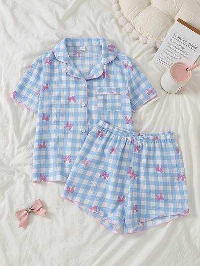 Girls' Classic Fashion Sweet Cute Elegant Casual Comfortable Soft Breathable Woven Bubble Crepe Spring/Summer Blue/Pink Bow Plaid Print Open Front Collar Short Sleeve Top With Shorts Pajama Set, 2pcs