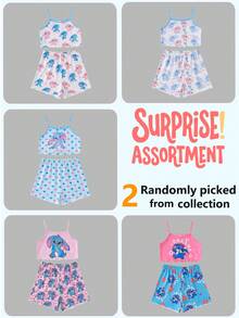 Elladie kids 【随机2套，共5套】女童甜美可爱优雅休闲舒适柔软亲肤春夏针织面料多色卡通兔子、爱心、花卉印花、涂鸦无袖吊带背心和短裤睡衣四件套 - 彩色 - 查看 6