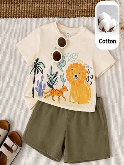 Young Boy Casual Cartoon Print T-Shirt And Shorts Set