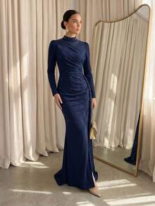 Modelyn 女士立领仿珍珠装饰长款晚礼服、优雅连衣裙、派对礼服、婚礼宾客礼服、正式礼服 - 藏蓝色 - 查看 5