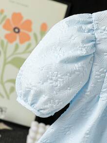 SHEIN Elladie kids 一件女童蓝色夏季连衣裙，饰有白色蝴蝶结，短泡泡袖，可爱的彼得潘领，休闲度假连衣裙，适合日常休闲穿着。 - 藍色 - 查看 6