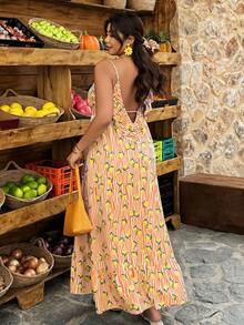 Weeklong Plus Size Women's Casual Vacation Dress With Ruffled Backless, Striped Lemon Print, A-Line, Spring/Summer - Multicolor - View 1
