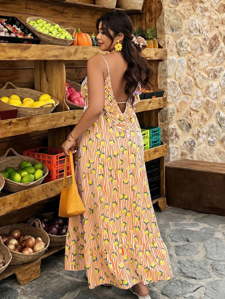 Weeklong Plus Size Women's Casual Vacation Dress With Ruffled Backless, Striped Lemon Print, A-Line, Spring/Summer - Multicolor - View 1
