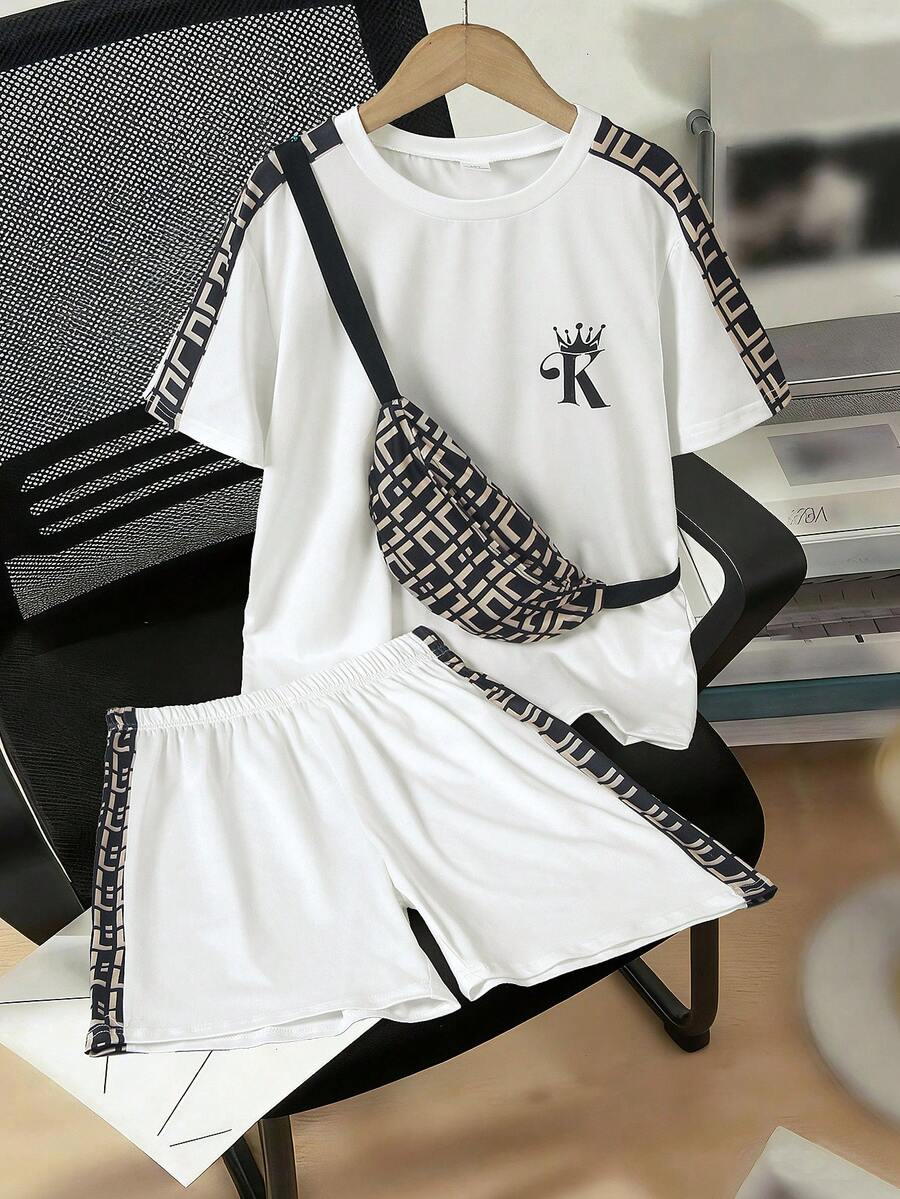 Tween Boy Summer Casual Daily Commute Fashion Letter Print Contrast Sideseam Loose T-Shirt And Shorts Set - White - View 1