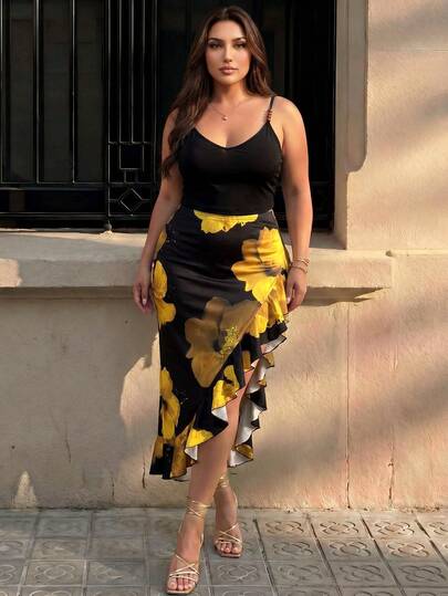 Hourglow Conjunto informal de 2 piezas de talla grande para mujer con top de tirantes de unicolor y falda con volantes de estampado floral