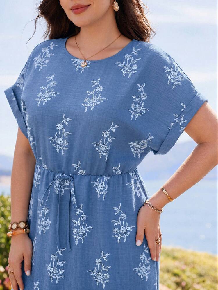 Plus Size Summer Floral Print Round Neck Waist Cinched Batwing Sleeve Dress