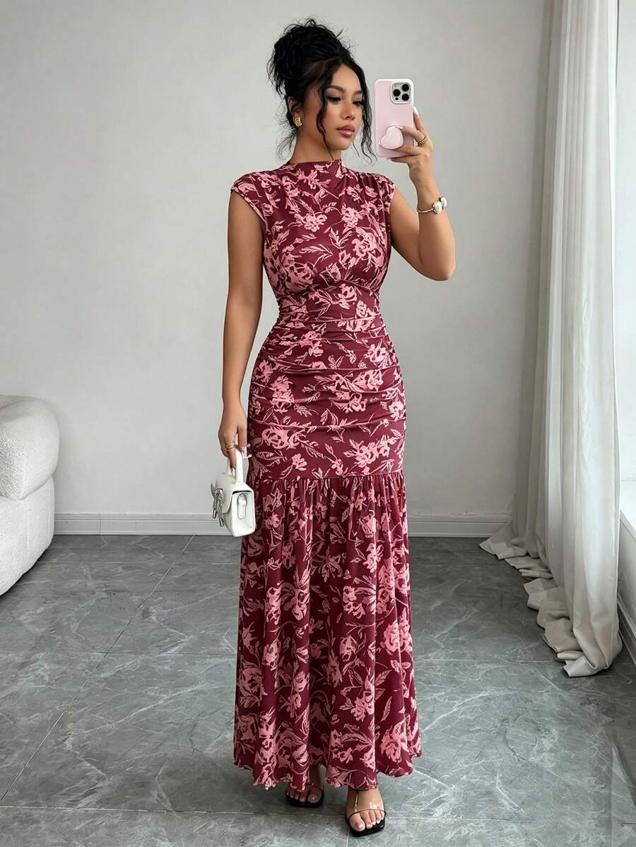 Elenzga Yellow Printed Ruched Waist Ruched Slit Elegant Dress For Women - Burgundy - View 1