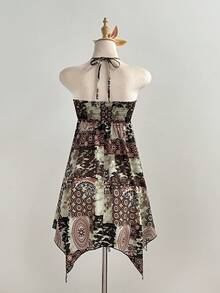 Elamini 2026 Spring/Summer New Y2K Retro Printed Drawstring Tie Asymmetric Hem Mini Dress For Women - Multicolor - View 2