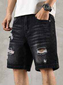 Manfinity EMRG Quần short denim rách rưới phong cách đường phố mùa hè dành cho nam giới cỡ lớn. - màu đen - Xem 8