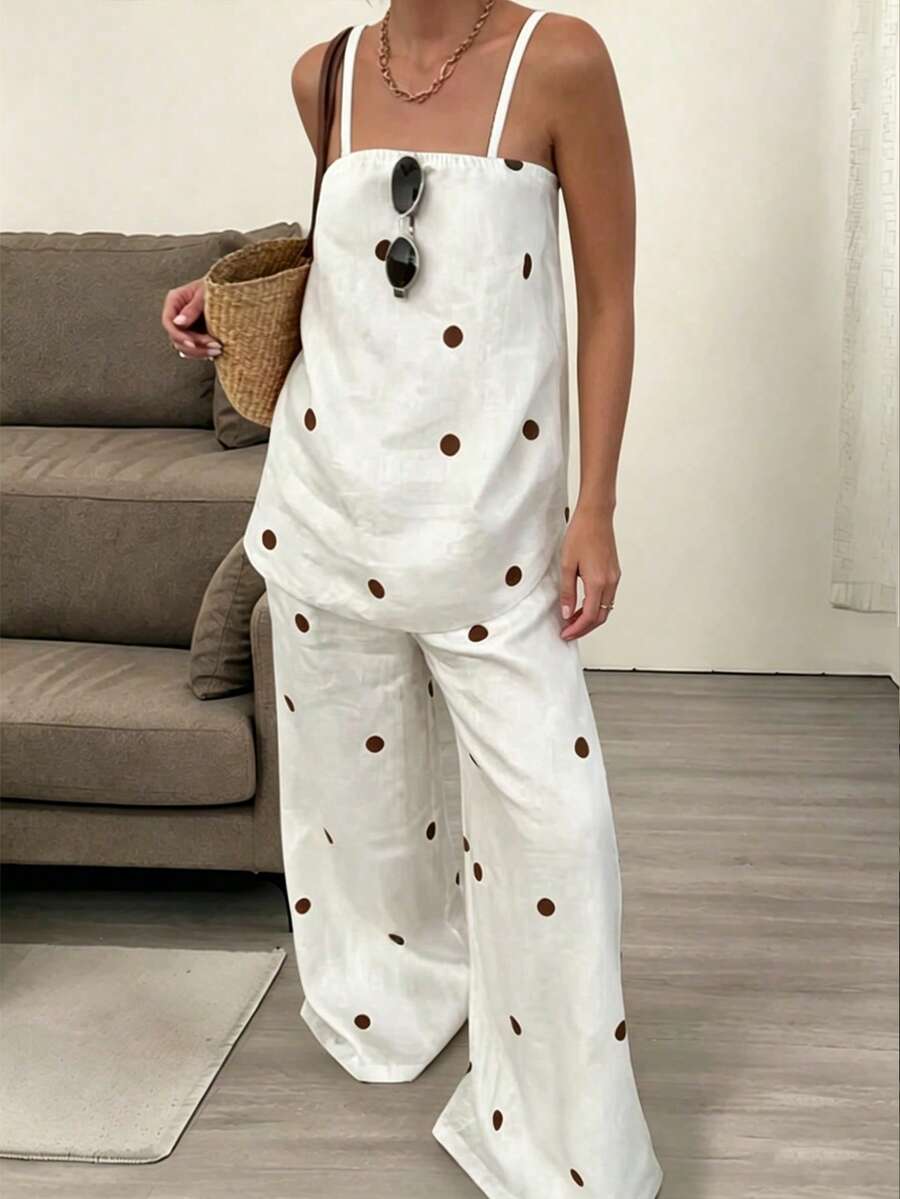 INAWLY Bộ đồ 2 món chấm bi tối giản dành cho nữ, thích hợp cho mùa xuân/hè. - Cà phê nâu - Xem 1