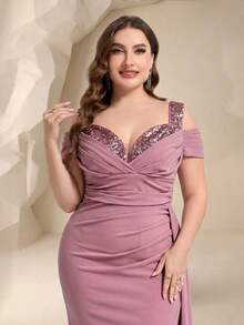 Coutiva Plus Size Solid Color Sequin Patchwork High Slit Formal Evening Gown - Pink - View 6