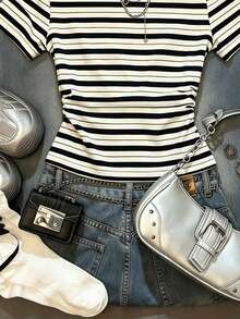 Camiseta casual versátil de mujer con hombro asimétrico y mangas cortas a rayas - Blanco 9 - Ver 3