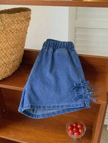 Tween Girls' Summer Casual Elastic Waist Denim Shorts With Bow Decor - Medium Wash - View 2