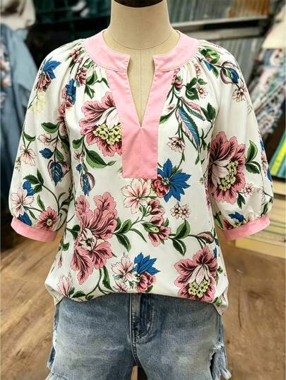 Linhara Camisa de manga 3/4 con estampado floral azul elegante y casual para vacaciones y uso diario
