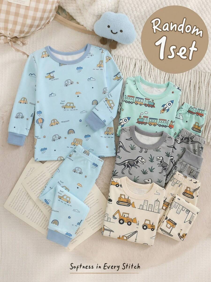 Cozy Pixies Conjunto de pijama de 2 piezas con parte superior de manga larga de cuello redondo y pantalón largo de cintura elástica con estampado de autos de dibujos animados para bebé niño, ajuste ceñido - Agua verde azul - Ver 1