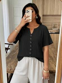 Weeklong Plus Size Women's Floral Patchwork Ruffle Trim Loose Short Sleeve Blouse, Spring/Summer - Black - View 7